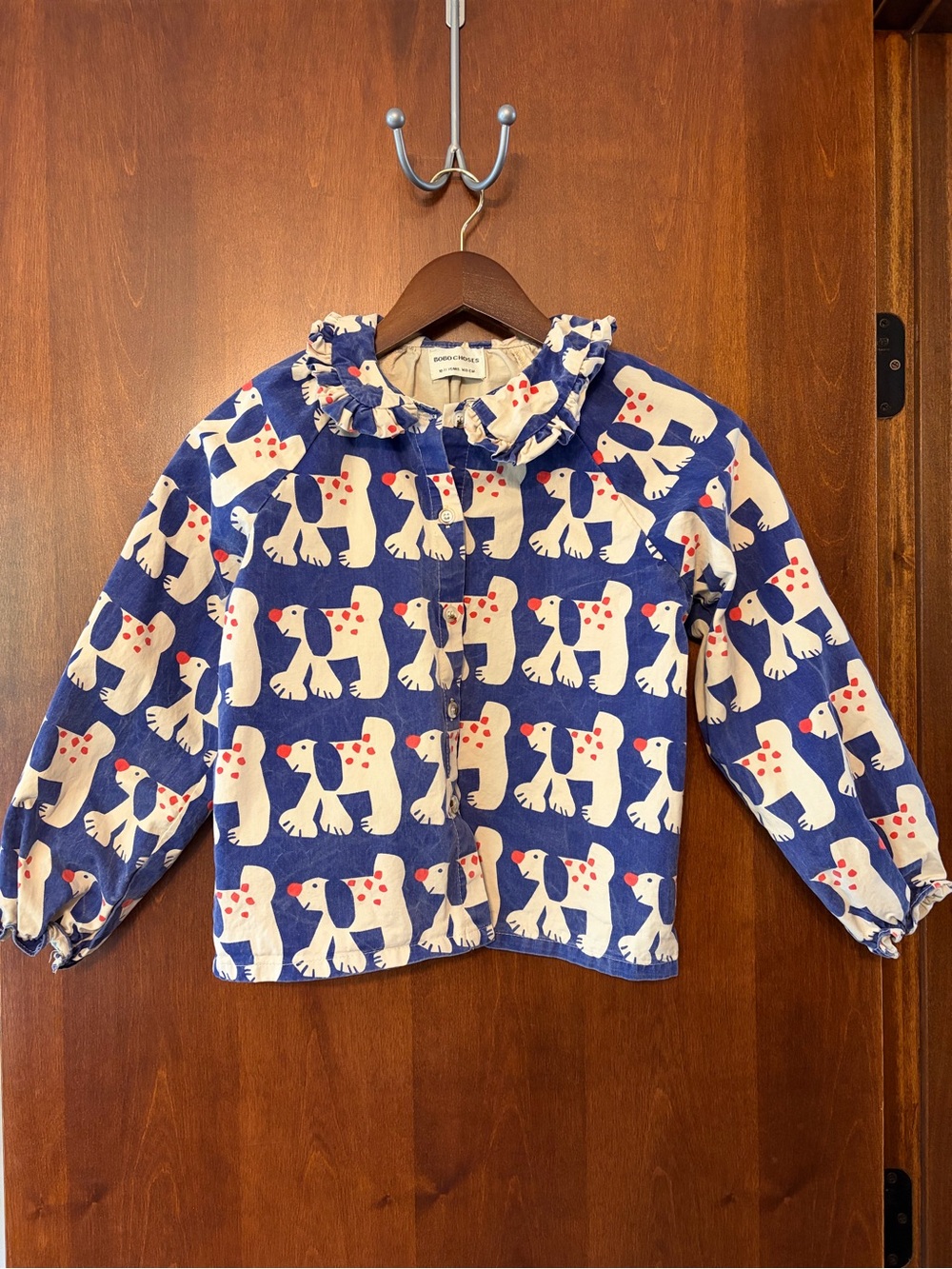 Bobo Choses Blue Dog Print Ruffle-Collar blouse jacket- 11-12 years